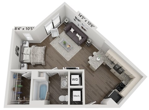 A 8'4" x 10'5" floor plan of a home with a living room, kitchen, and bathroom.